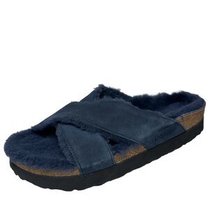 Papillio Birkenstock Daytona shearling fur navy blue Fuzzy Slide Sandals
